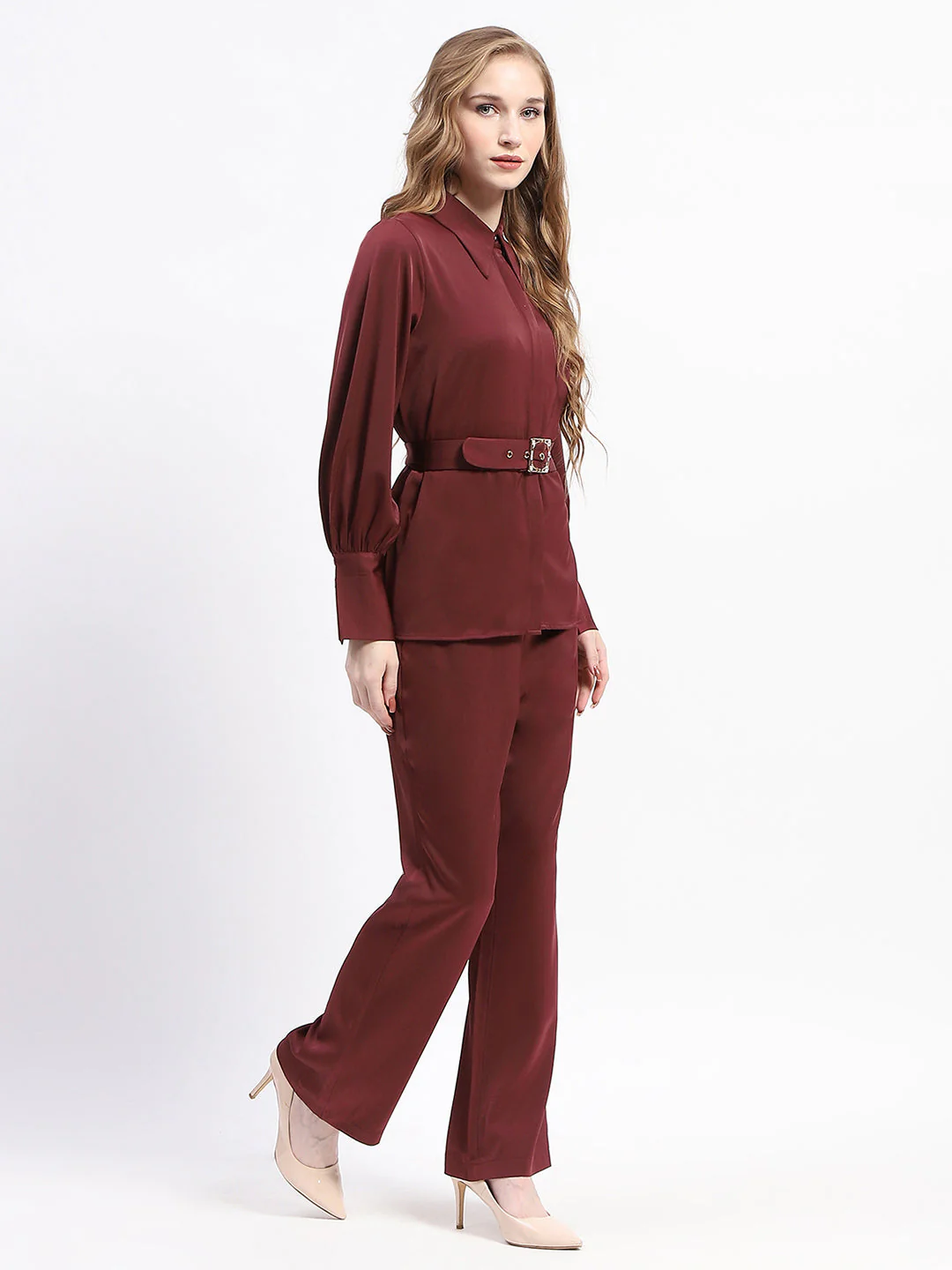 Madame Belted Shirt and Trousers WineCo-ord Set - Image 3