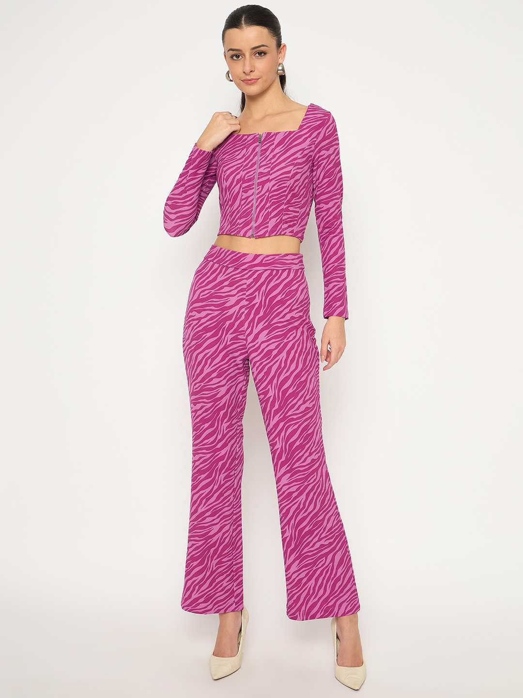 Madame Animal Print Zipped Top and Flared Bottom Pink Co-Ord Set - Image 3