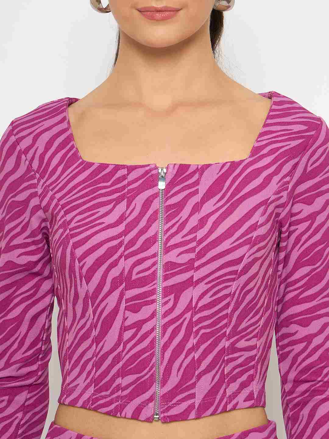 Madame Animal Print Zipped Top and Flared Bottom Pink Co-Ord Set - Image 8