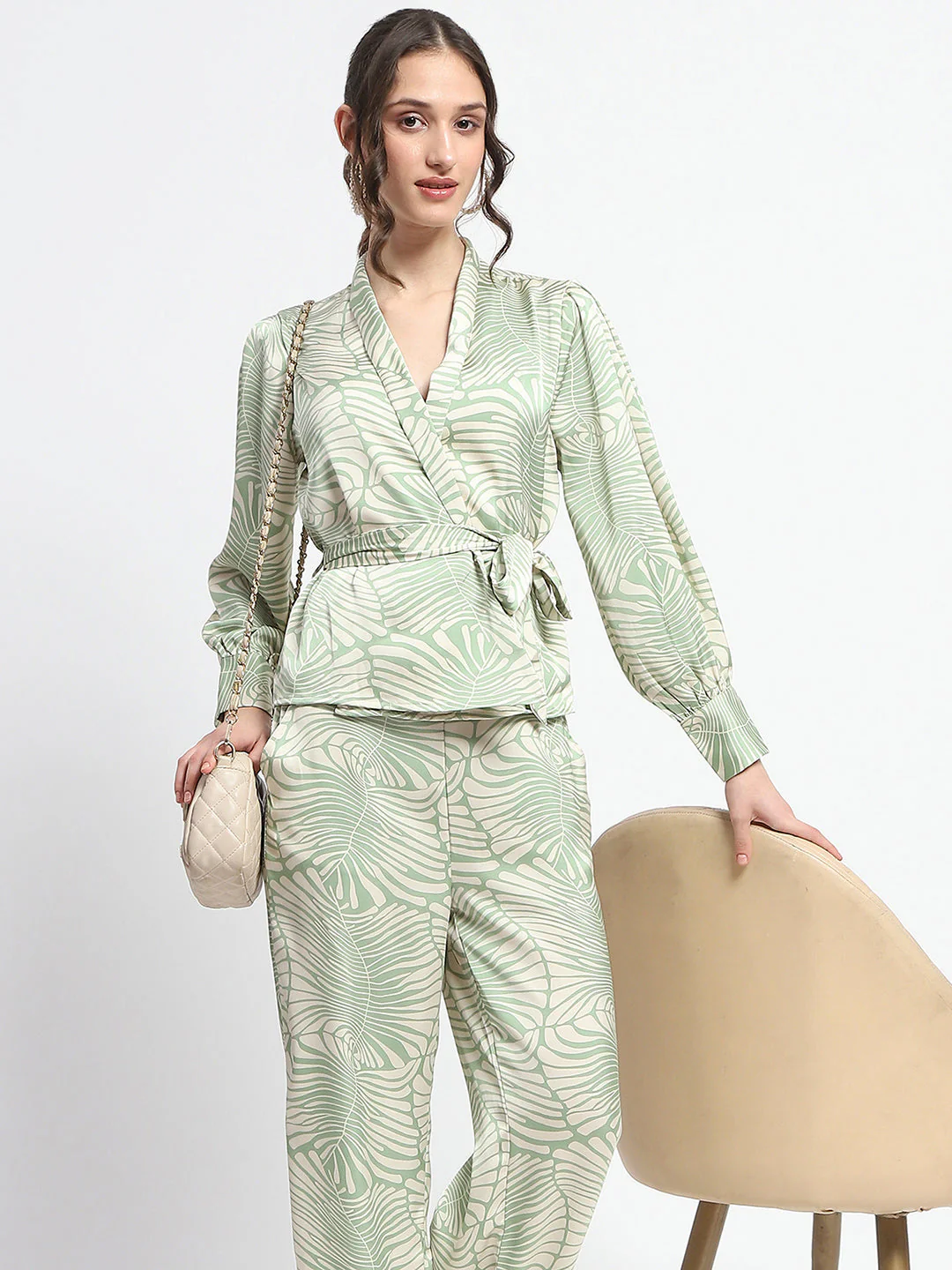 Madame Botanical Print Wrap Top and Bottom Beige Ensemble - Image 2