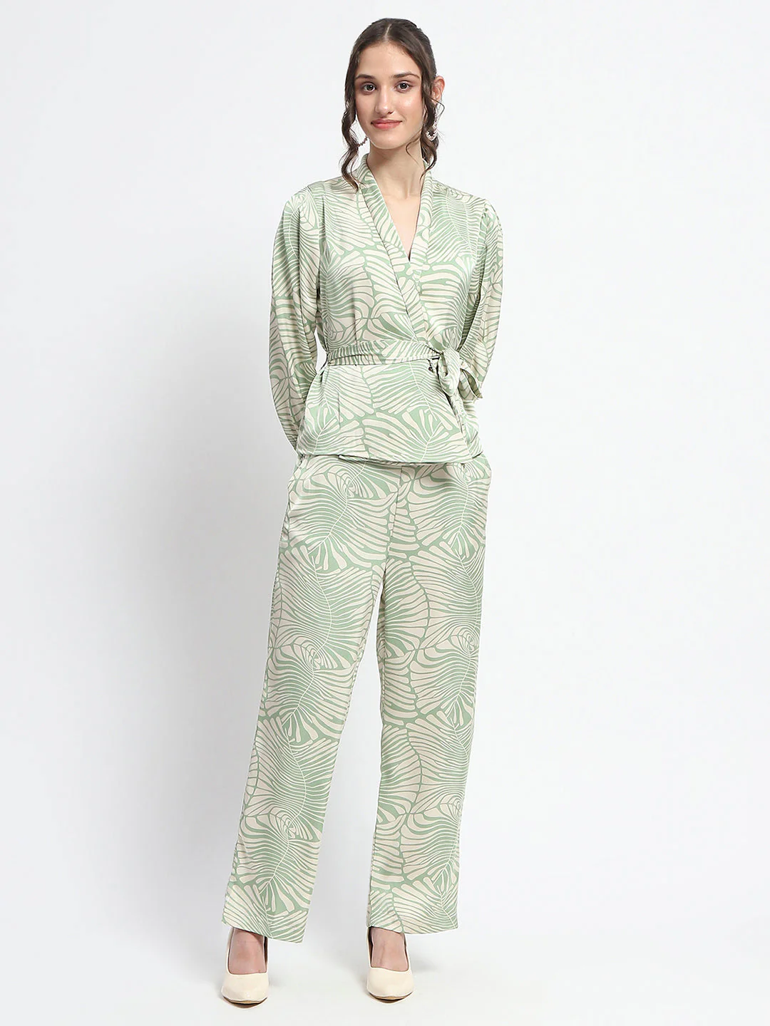 Madame Botanical Print Wrap Top and Bottom Beige Ensemble - Image 3