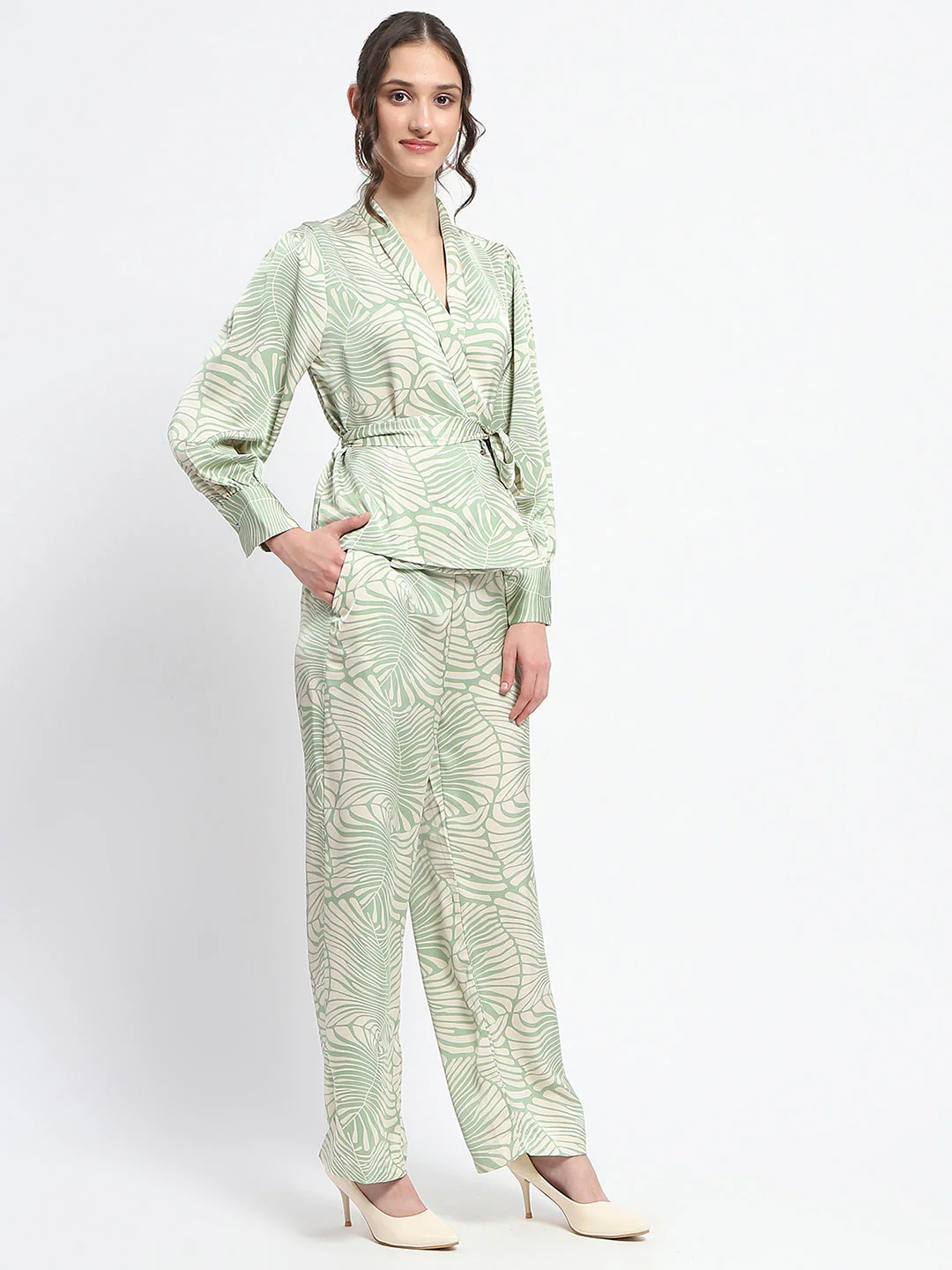 Madame Botanical Print Wrap Top and Bottom Beige Ensemble - Image 4
