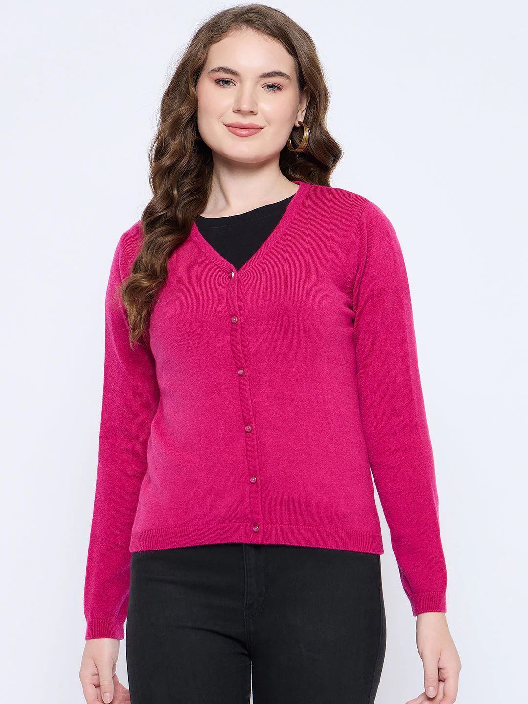 Madame Solid Fuschia Button Down Cardigan - Image 2