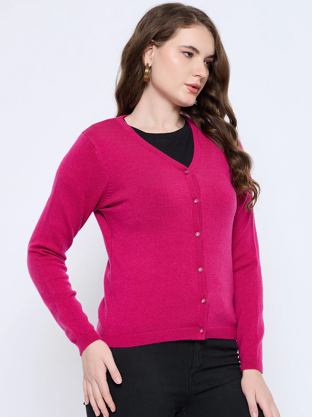 Madame Solid Fuschia Button Down Cardigan - Image 3