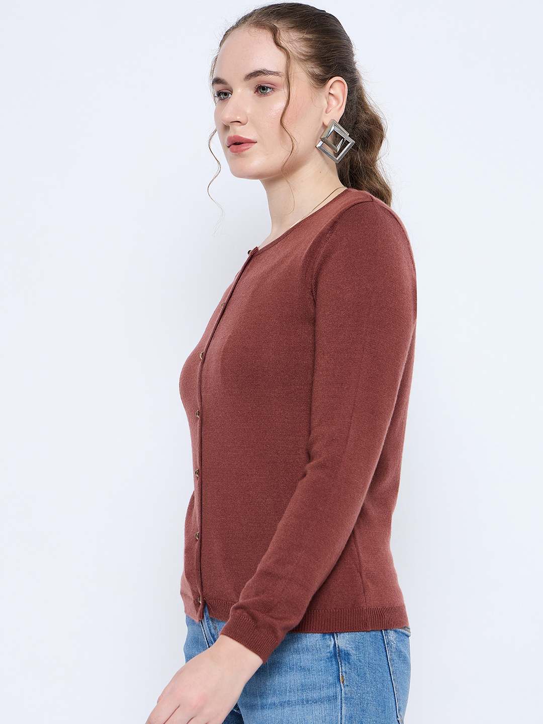 Madame Crew Neck Button Down Brown Cardigan - Image 4
