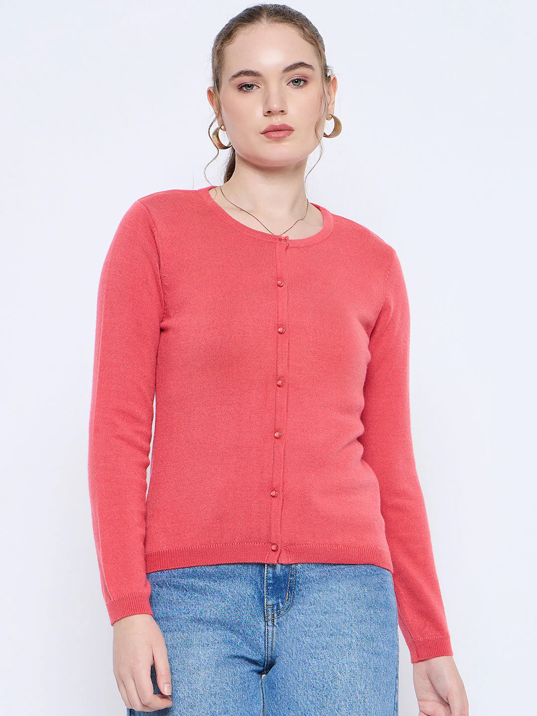 Madame Solid Coral Button Down Crew Neck Cardigan - Image 2