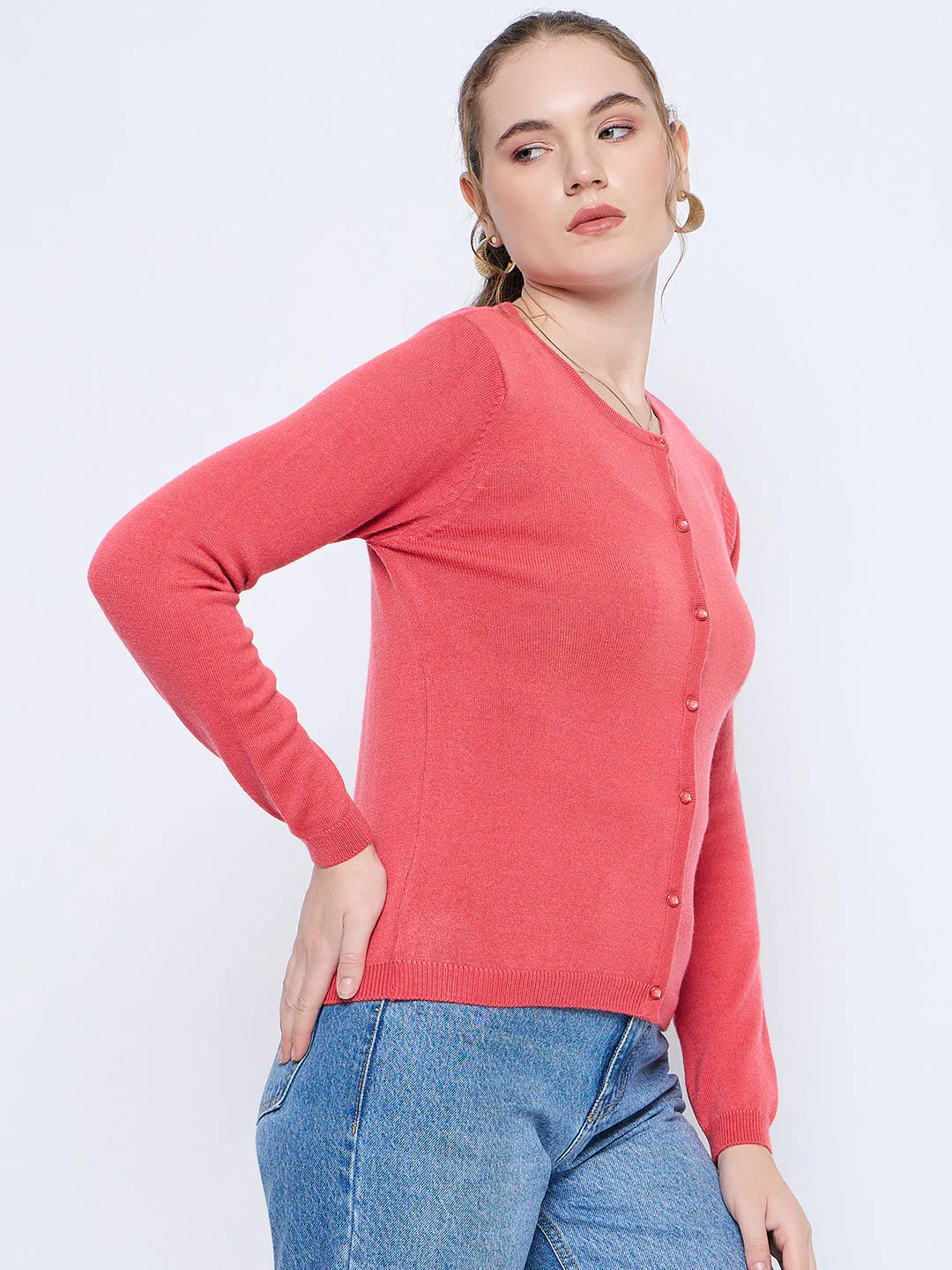 Madame Solid Coral Button Down Crew Neck Cardigan - Image 3