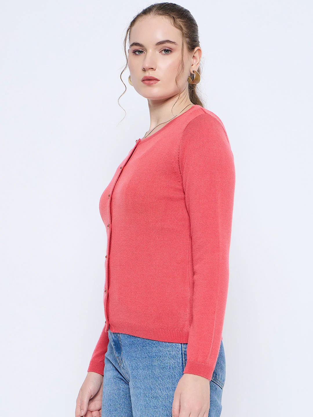 Madame Solid Coral Button Down Crew Neck Cardigan - Image 4