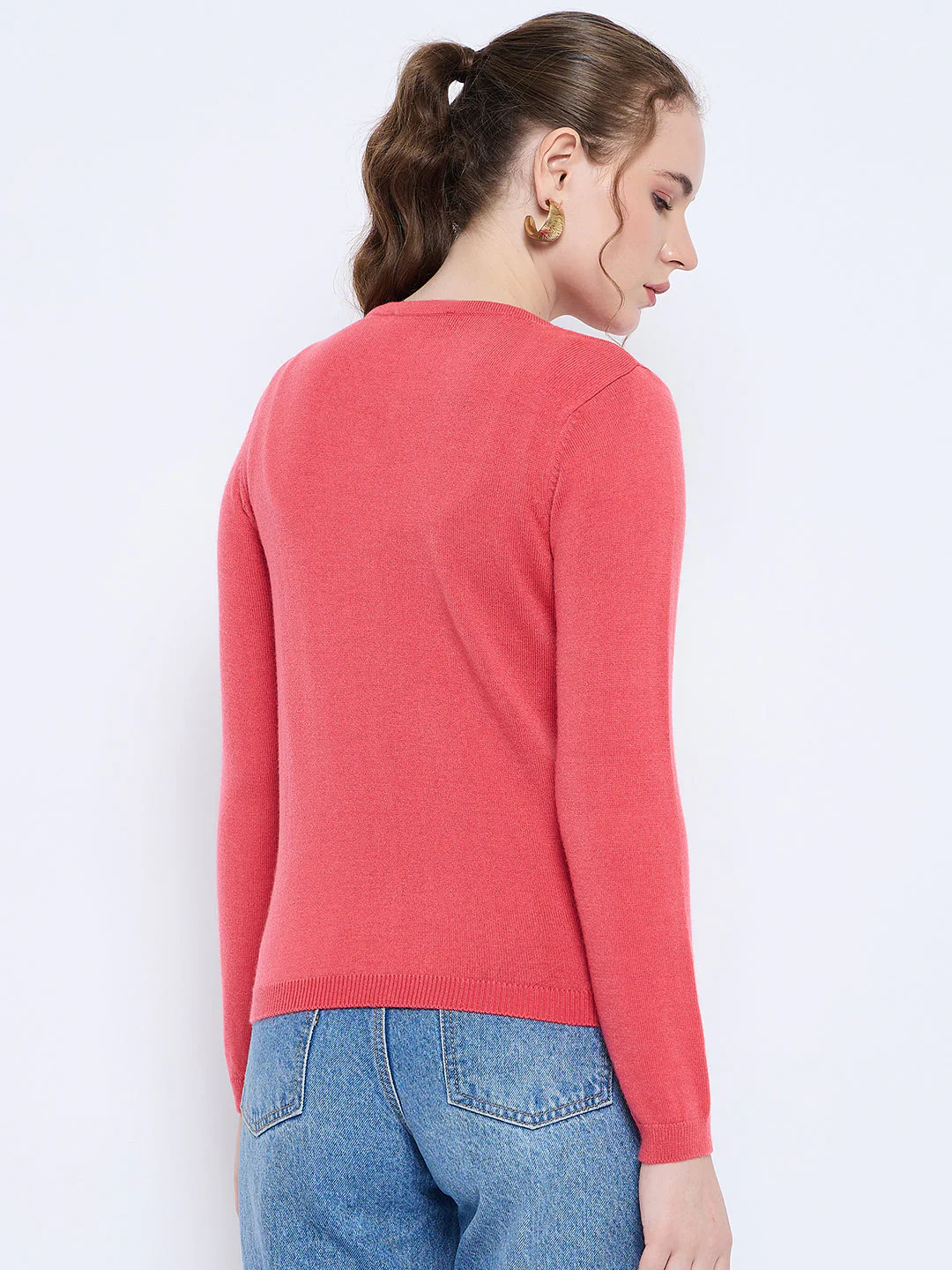 Madame Solid Coral Button Down Crew Neck Cardigan - Image 5