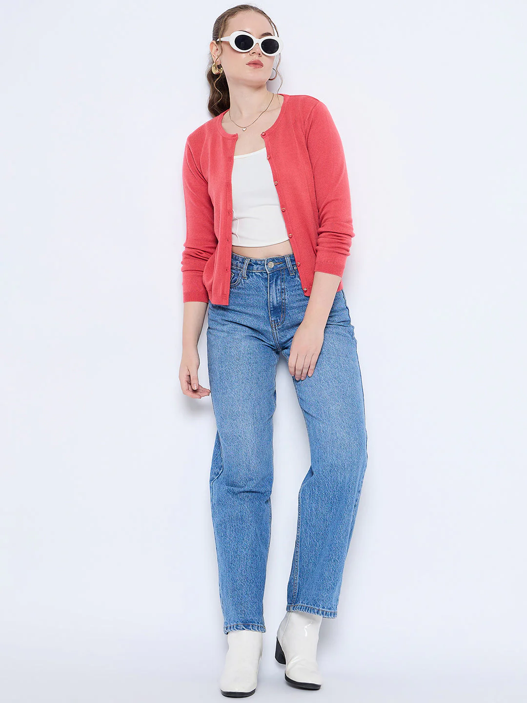 Madame Solid Coral Button Down Crew Neck Cardigan - Image 6