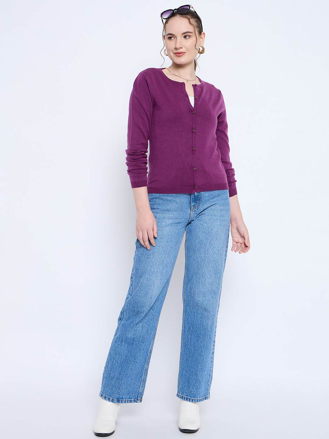 Madame Crew Neck Button Down Dark Purple Cardigan - Image 2