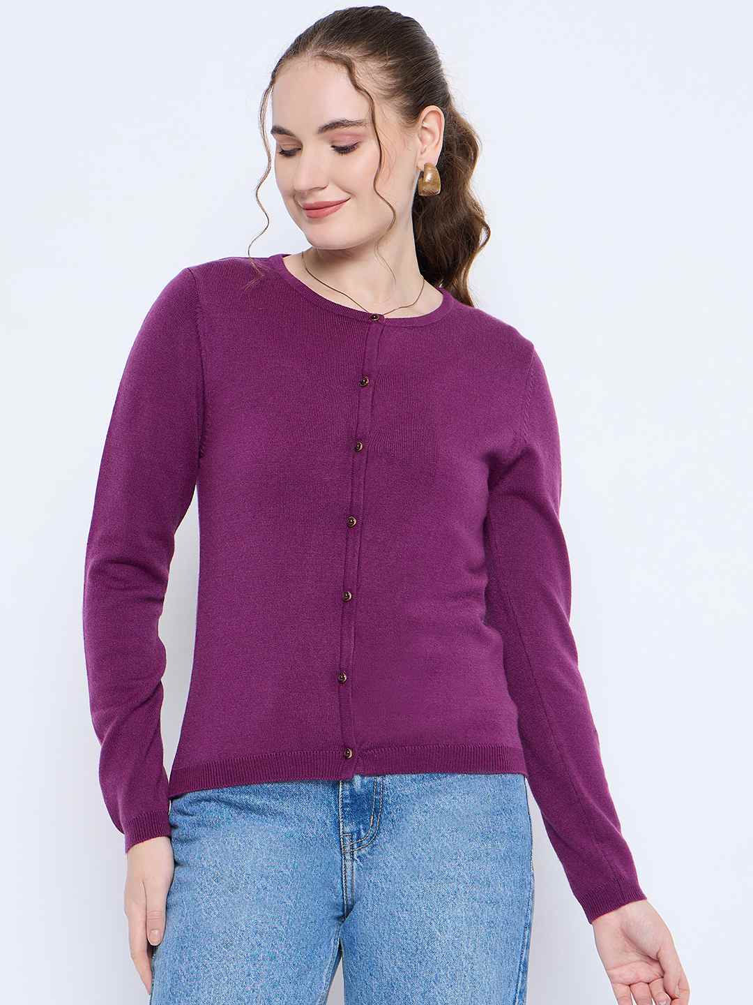 Madame Crew Neck Button Down Dark Purple Cardigan - Image 3