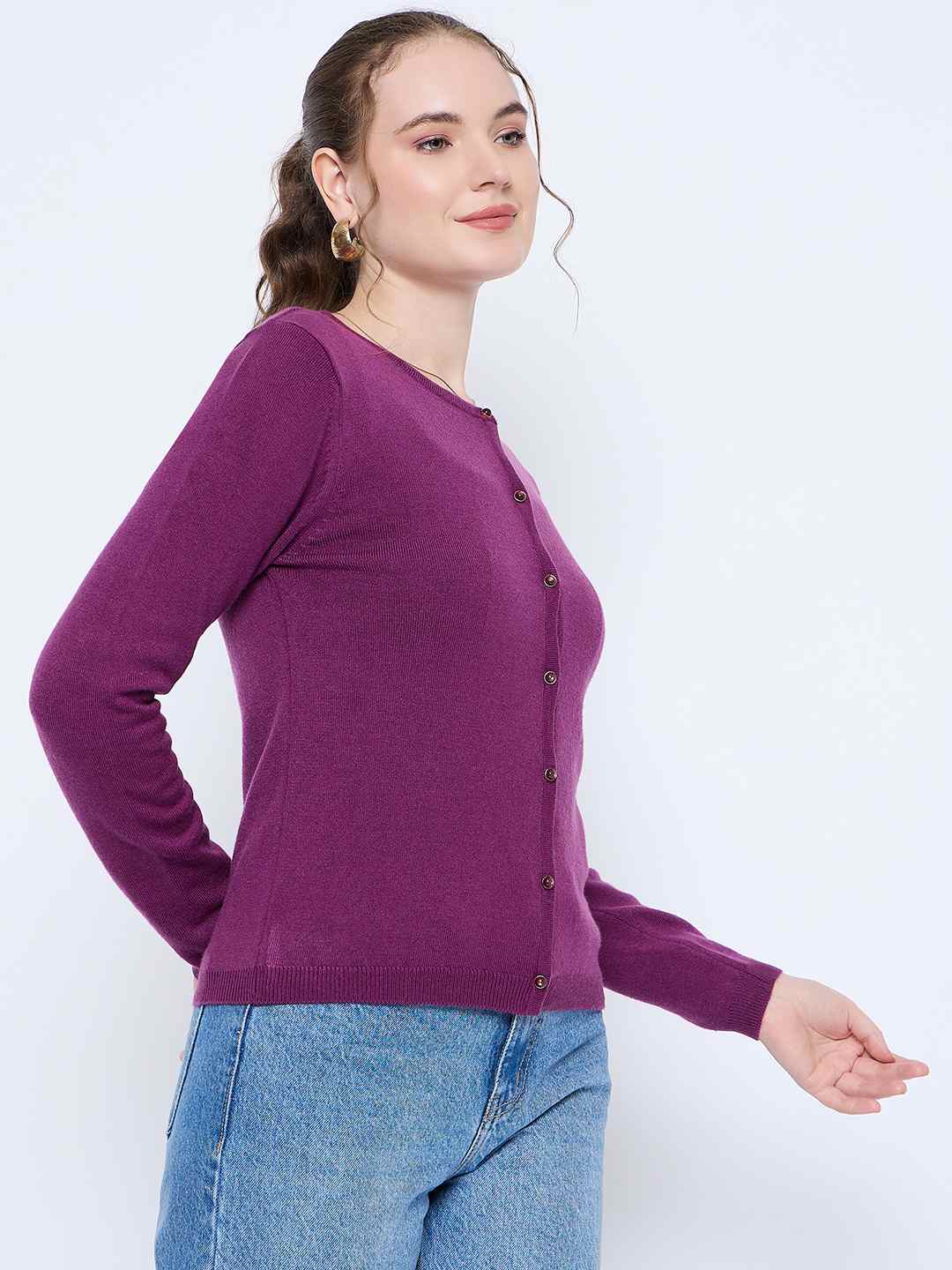 Madame Crew Neck Button Down Dark Purple Cardigan - Image 4
