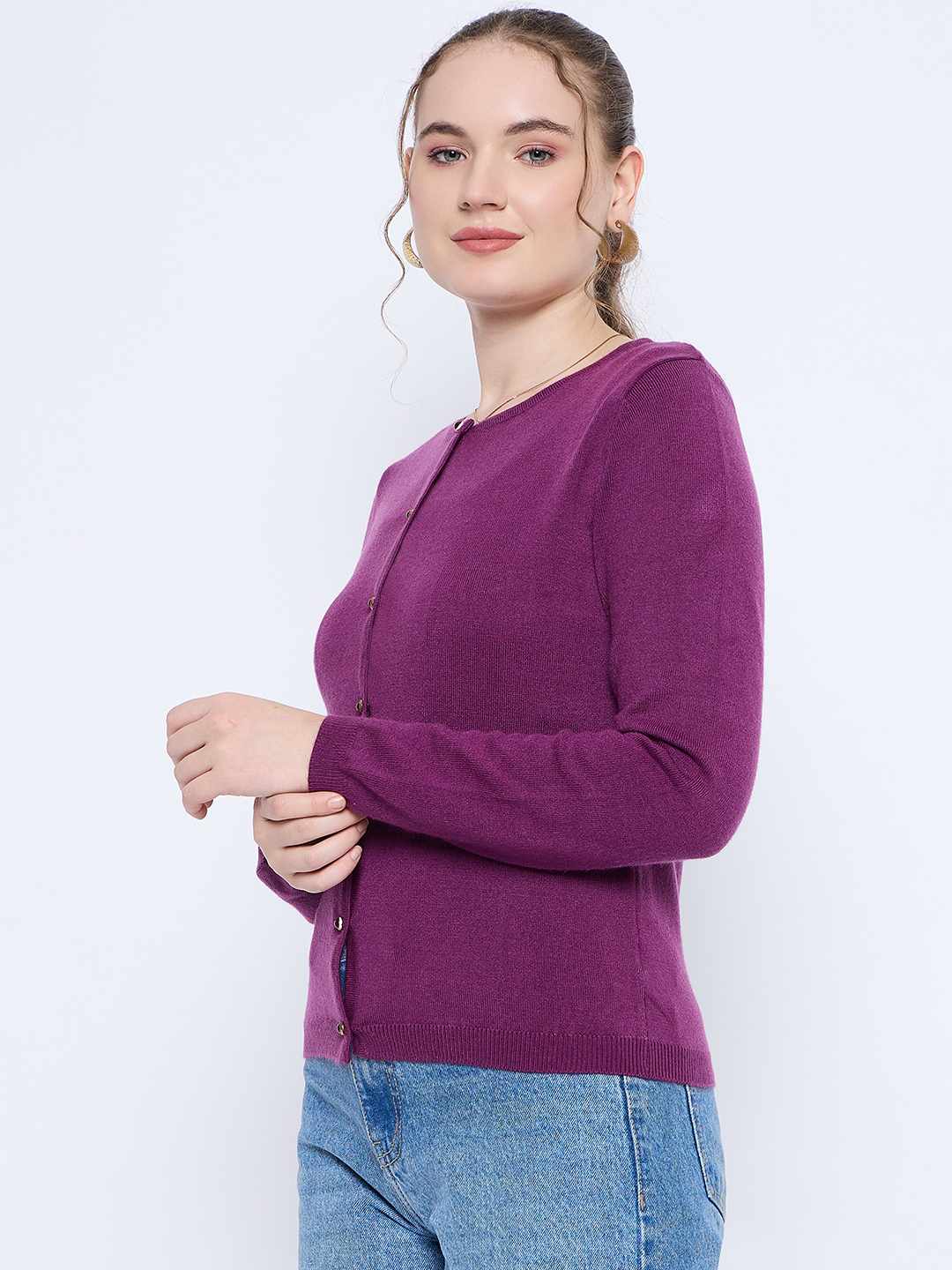 Madame Crew Neck Button Down Dark Purple Cardigan - Image 5