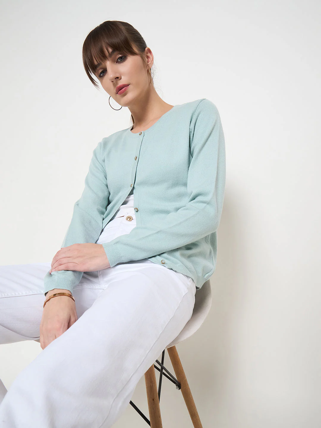 Madame Crew Neck Button Down Mint Green Cardigan