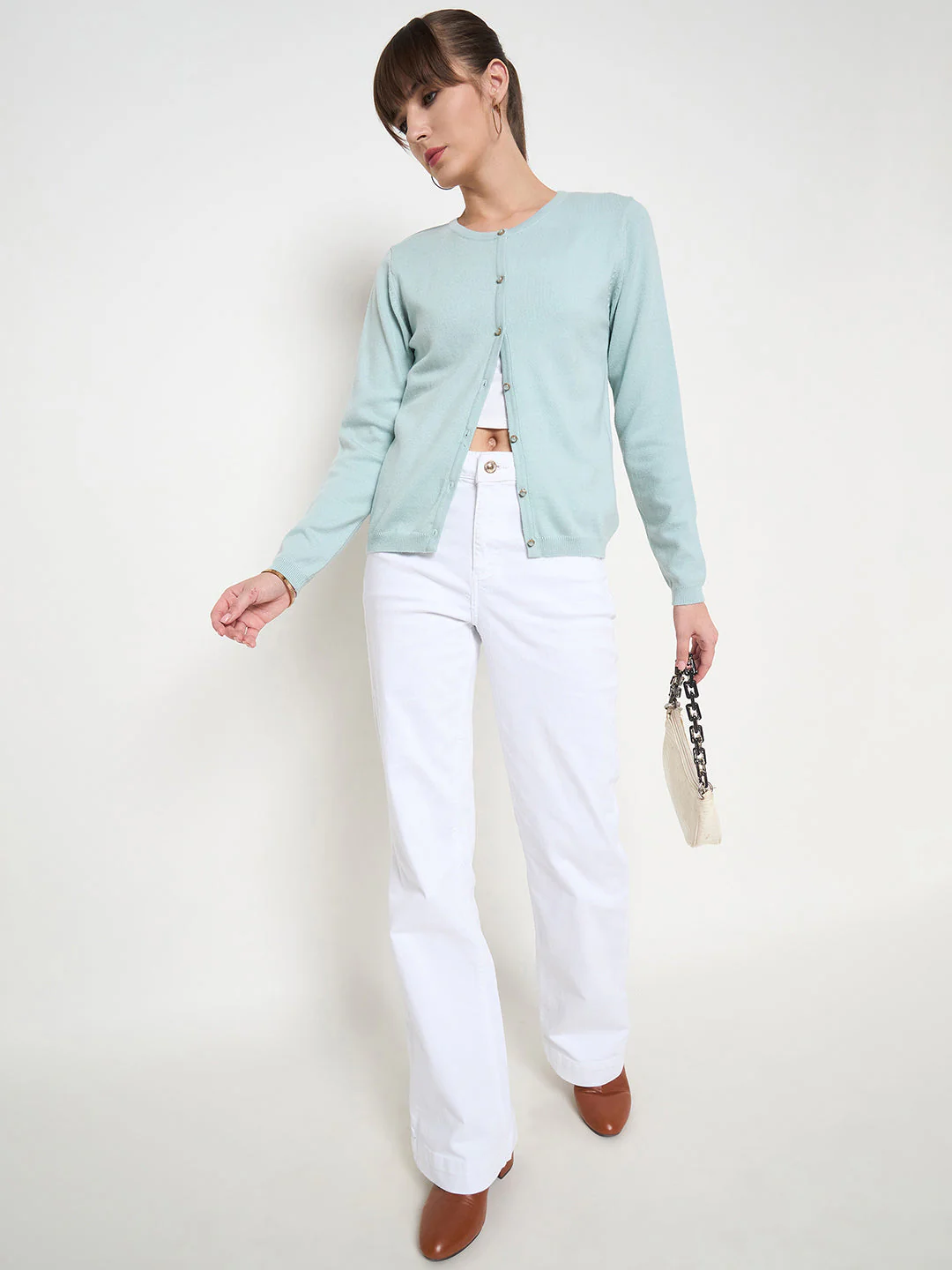 Madame Crew Neck Button Down Mint Green Cardigan - Image 2