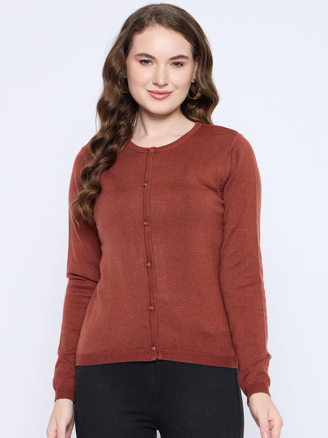 Madame Crew Neck Button Down Rust Red Cardigan - Image 3