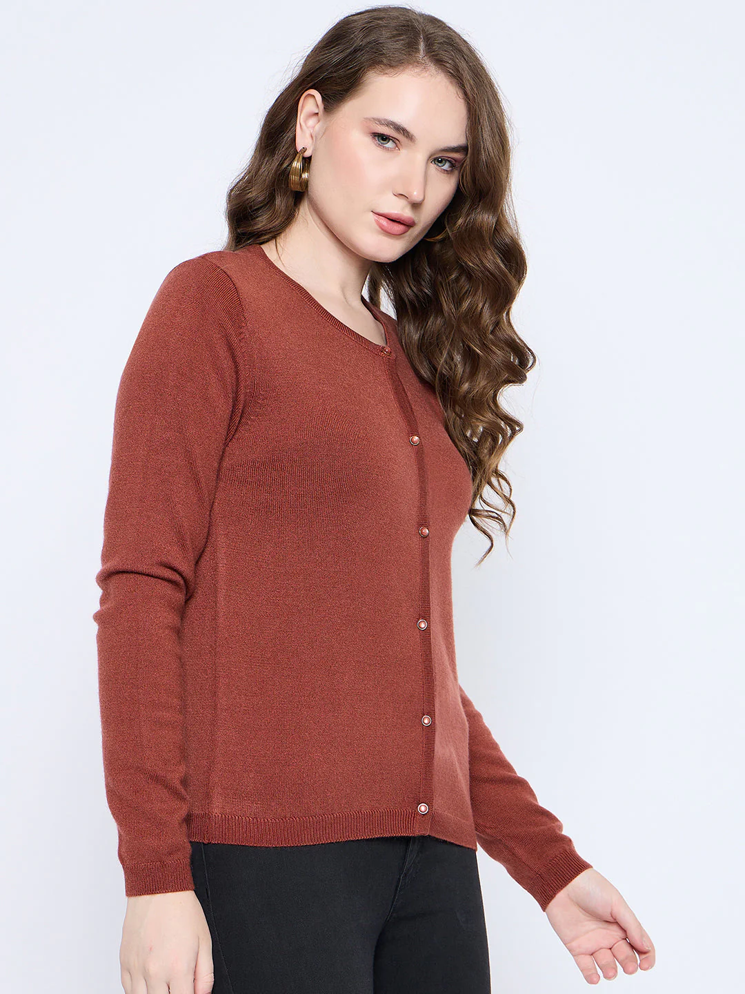 Madame Crew Neck Button Down Rust Red Cardigan - Image 4