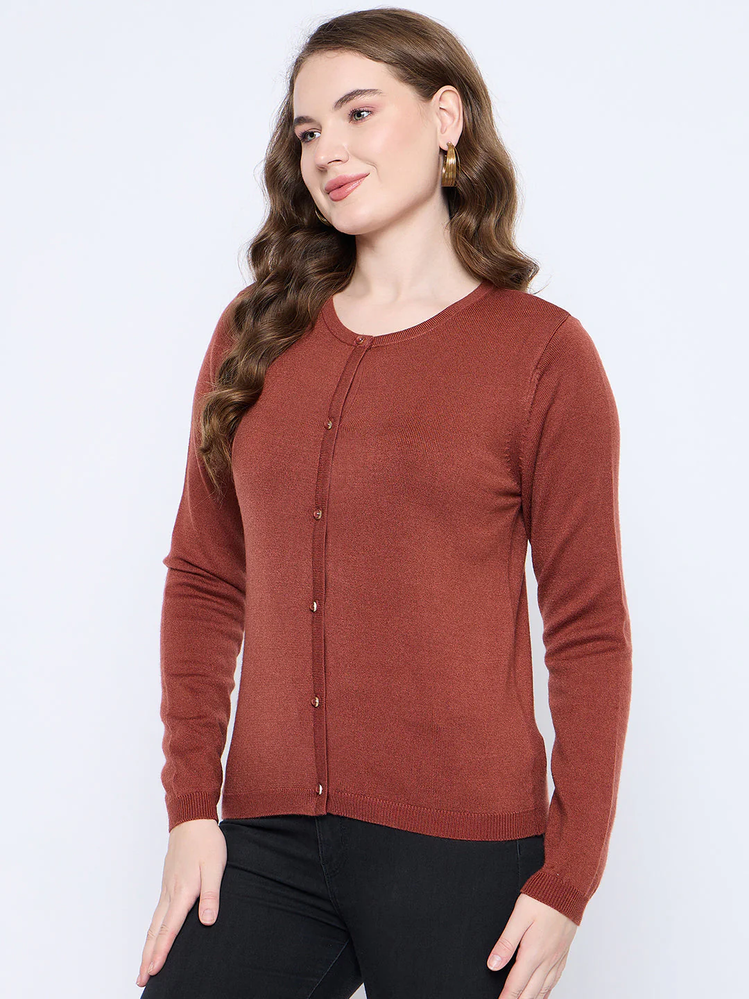Madame Crew Neck Button Down Rust Red Cardigan - Image 5