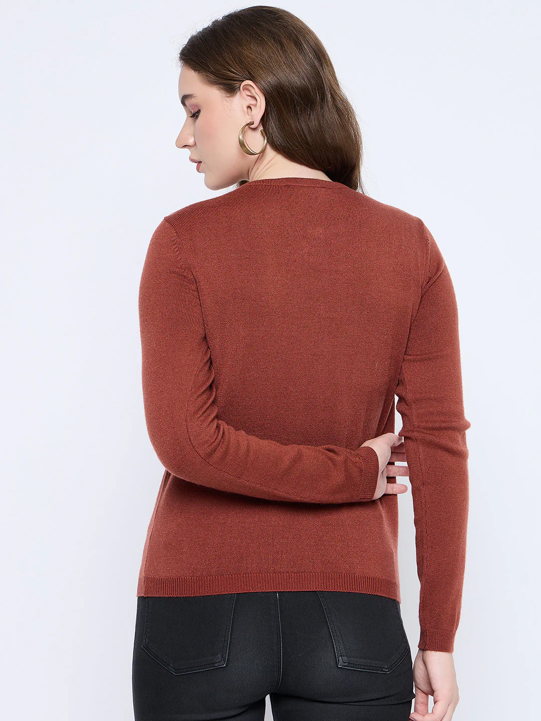 Madame Crew Neck Button Down Rust Red Cardigan - Image 6