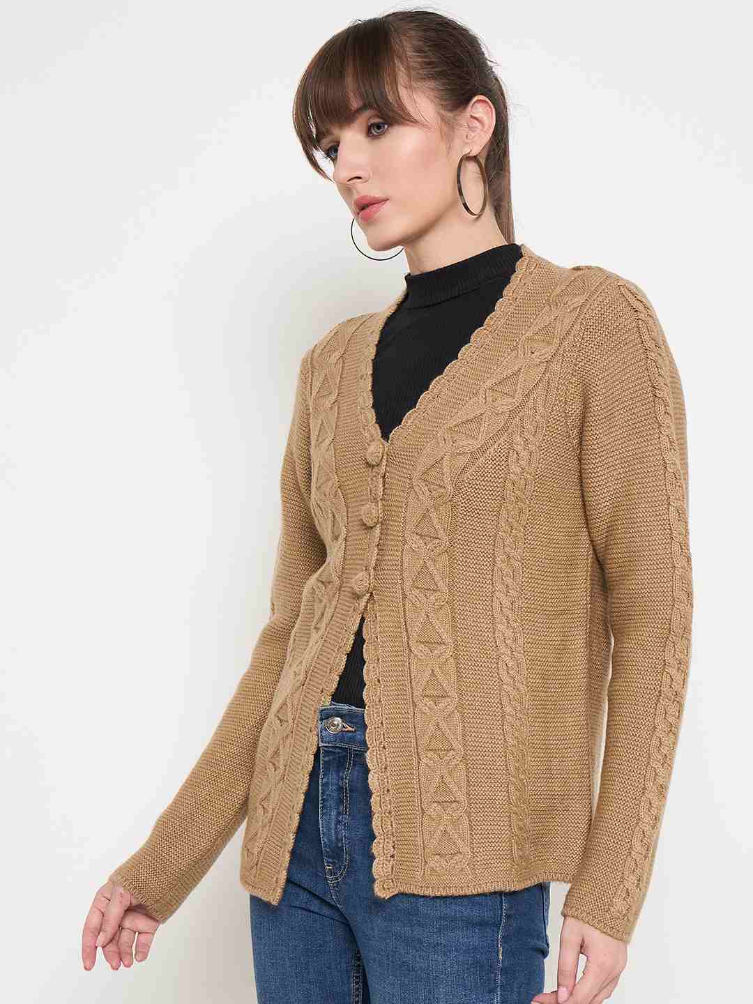 Madame Camel Cable Knit Acrylic Cardigan - Image 5