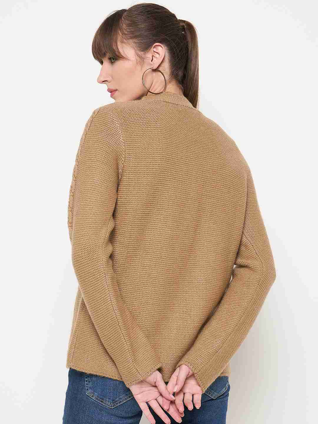 Madame Camel Cable Knit Acrylic Cardigan - Image 6