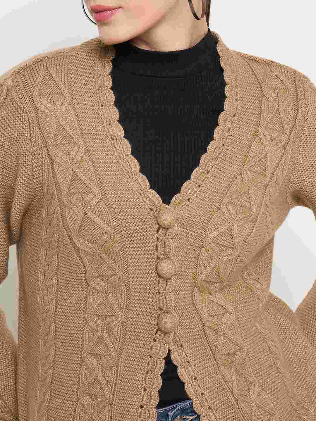 Madame Camel Cable Knit Acrylic Cardigan - Image 7