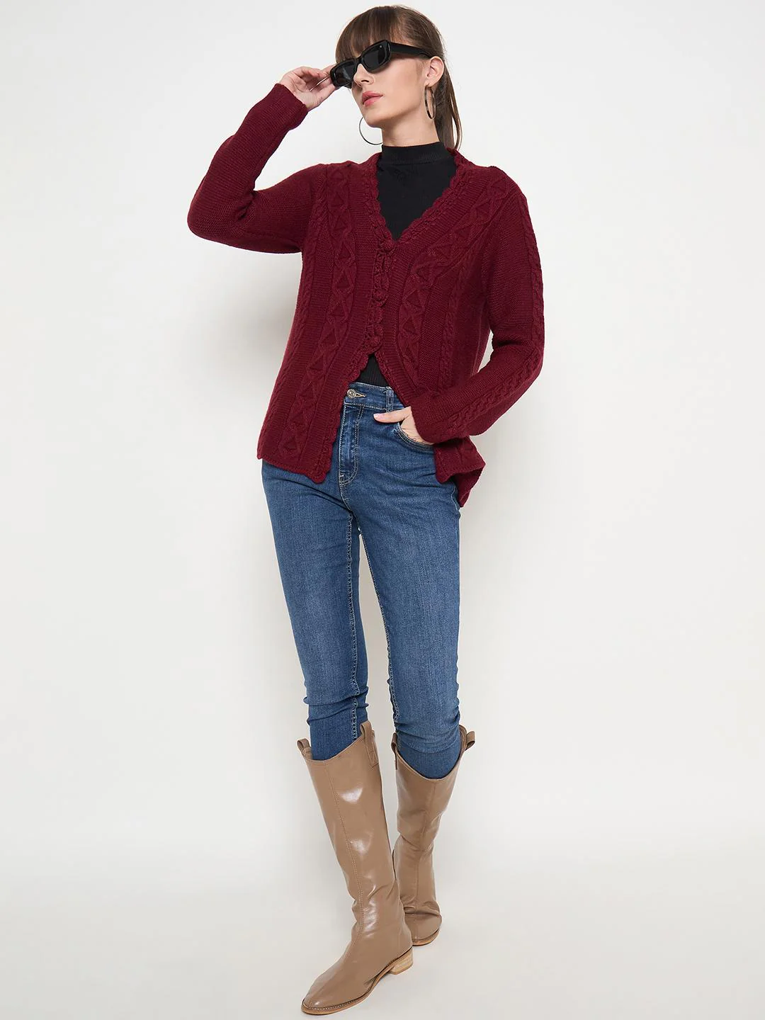 Madame Maroon Cable Knit Acrylic Cardigan - Image 2