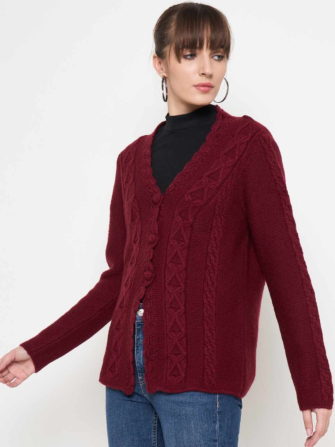 Madame Maroon Cable Knit Acrylic Cardigan - Image 5