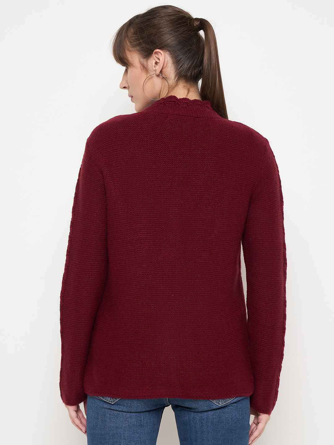 Madame Maroon Cable Knit Acrylic Cardigan - Image 6