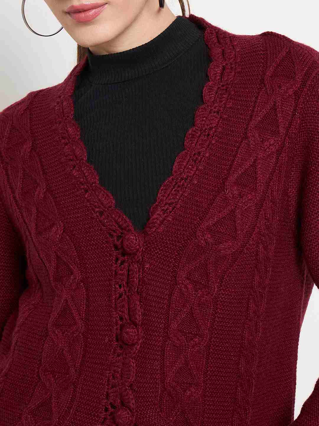 Madame Maroon Cable Knit Acrylic Cardigan - Image 7