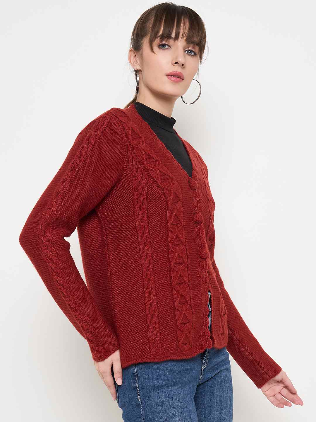 Madame Rust Red Cable Knit Acrylic Cardigan - Image 4