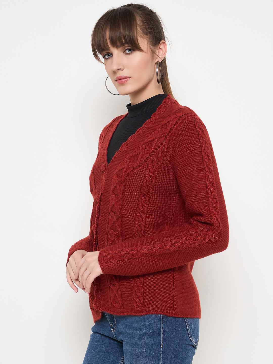 Madame Rust Red Cable Knit Acrylic Cardigan - Image 5