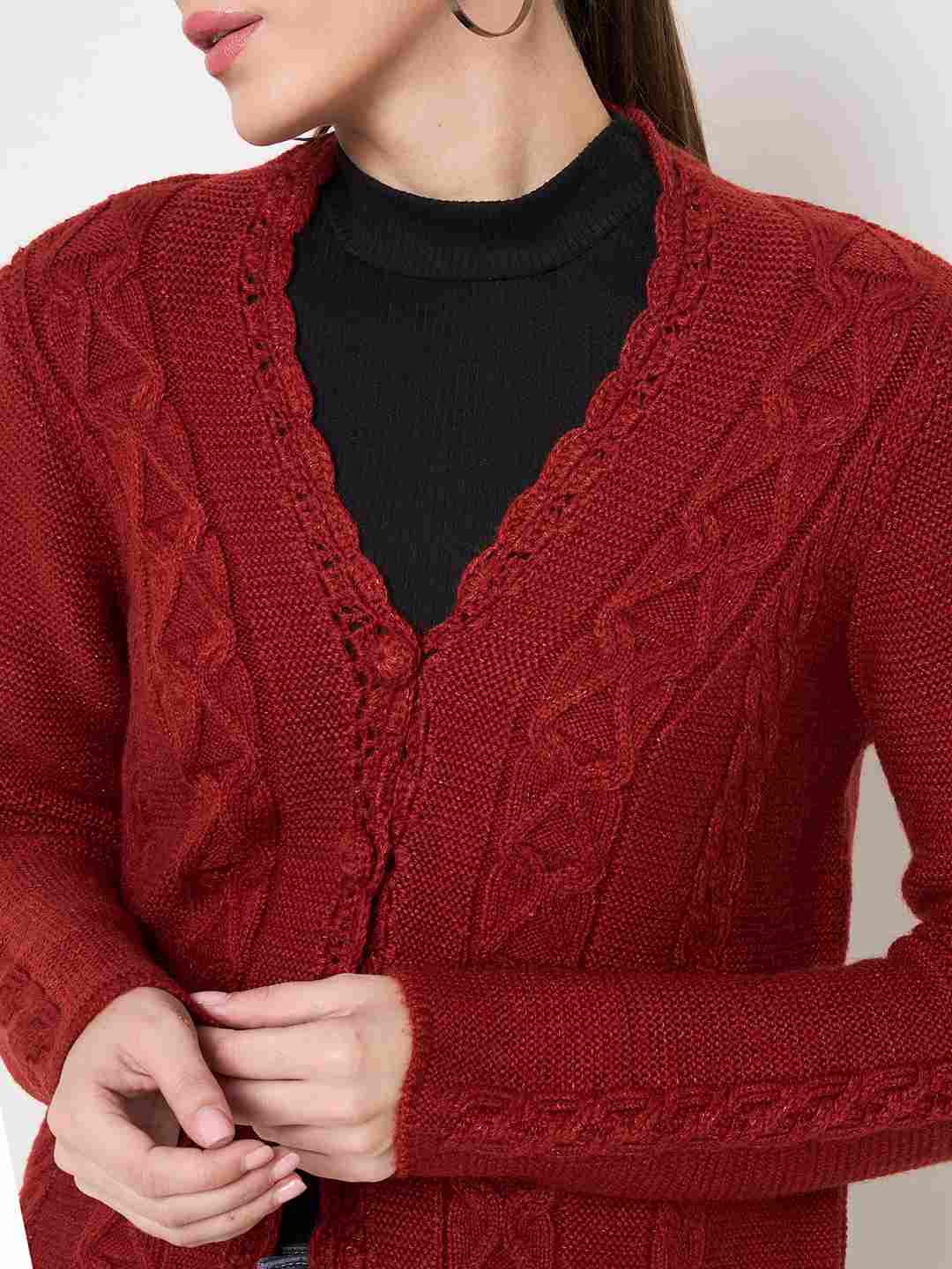 Madame Rust Red Cable Knit Acrylic Cardigan - Image 7