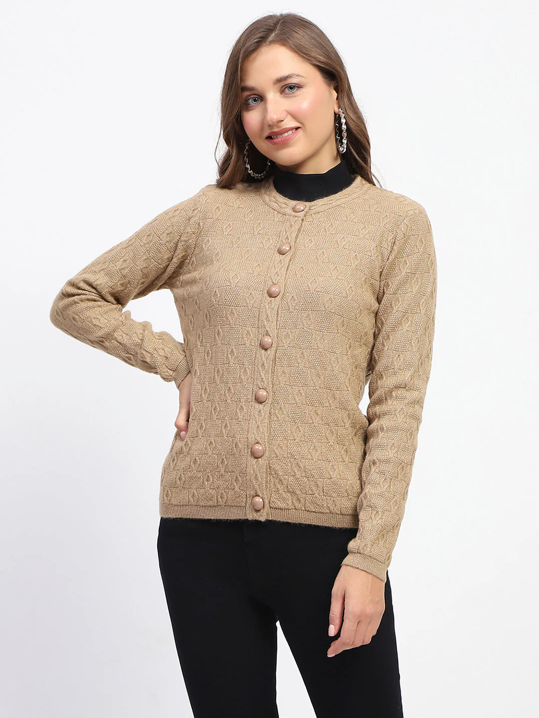 Madame Geometric Pattern Brown Crew Neck Cardigan - Image 2