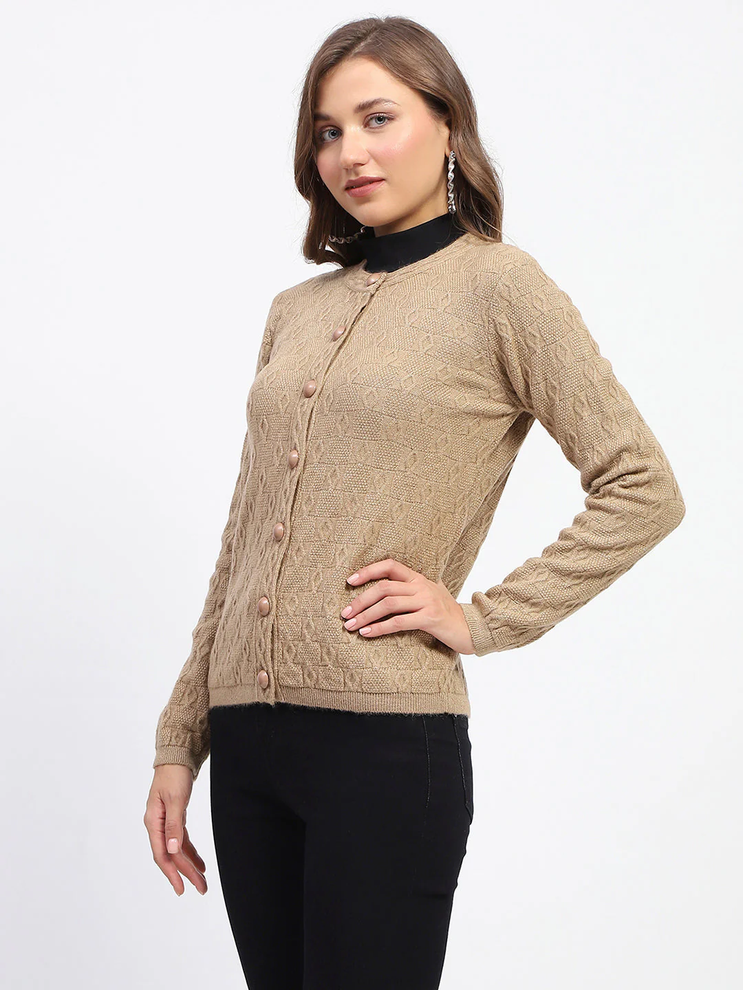 Madame Geometric Pattern Brown Crew Neck Cardigan - Image 4