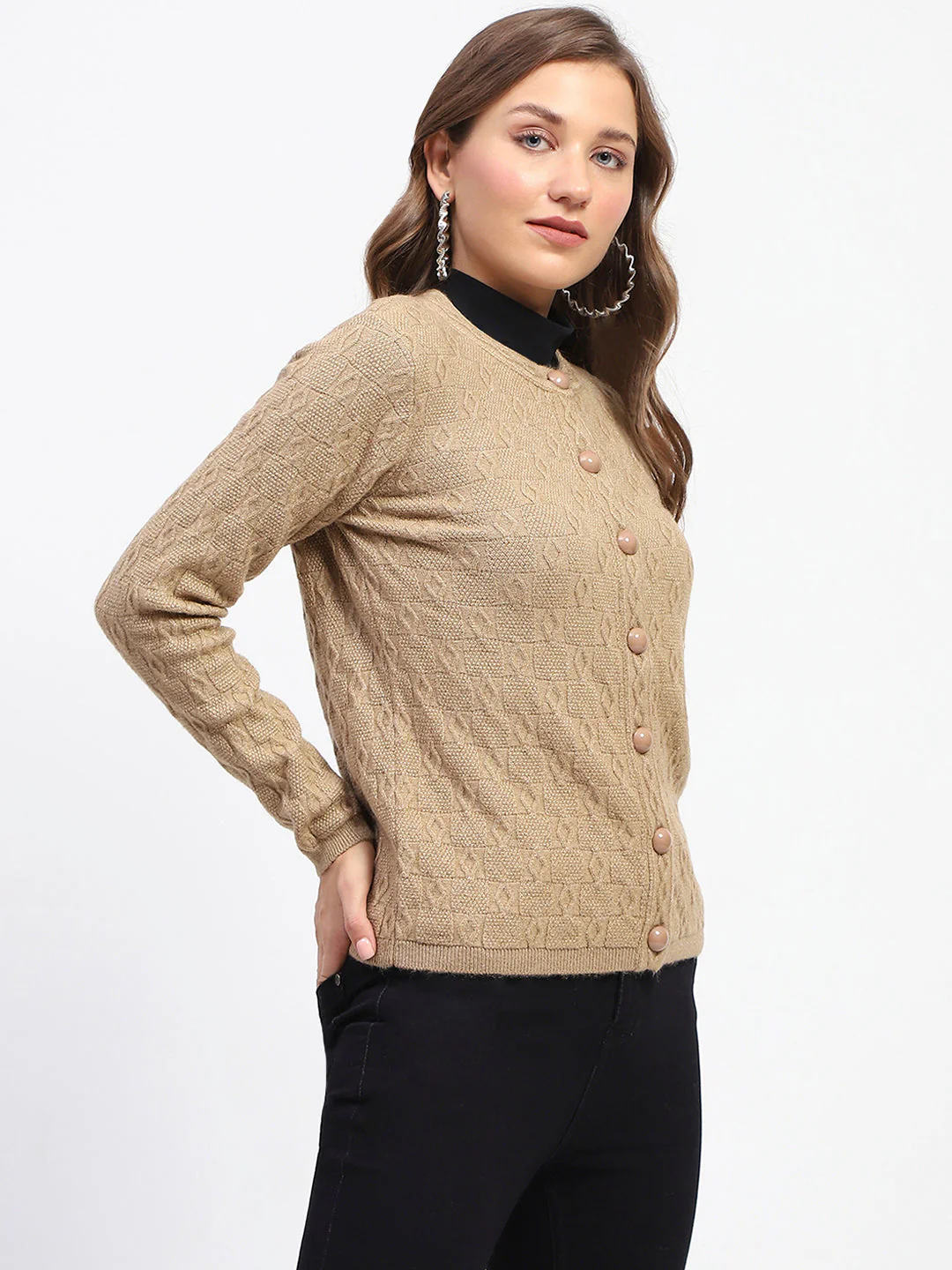 Madame Geometric Pattern Brown Crew Neck Cardigan - Image 5