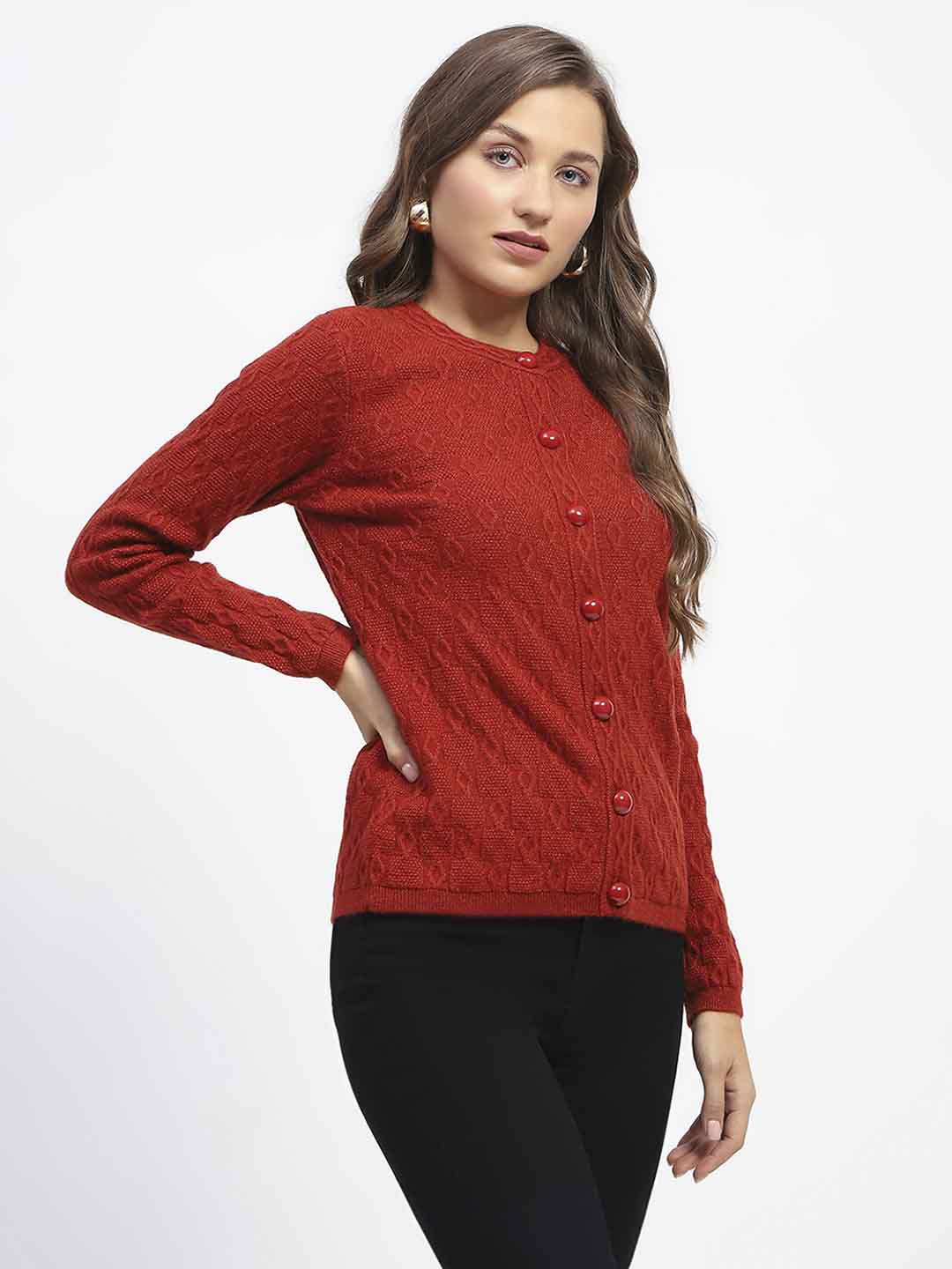 Madame Geometric Pattern Rust Crew Neck Cardigan - Image 3