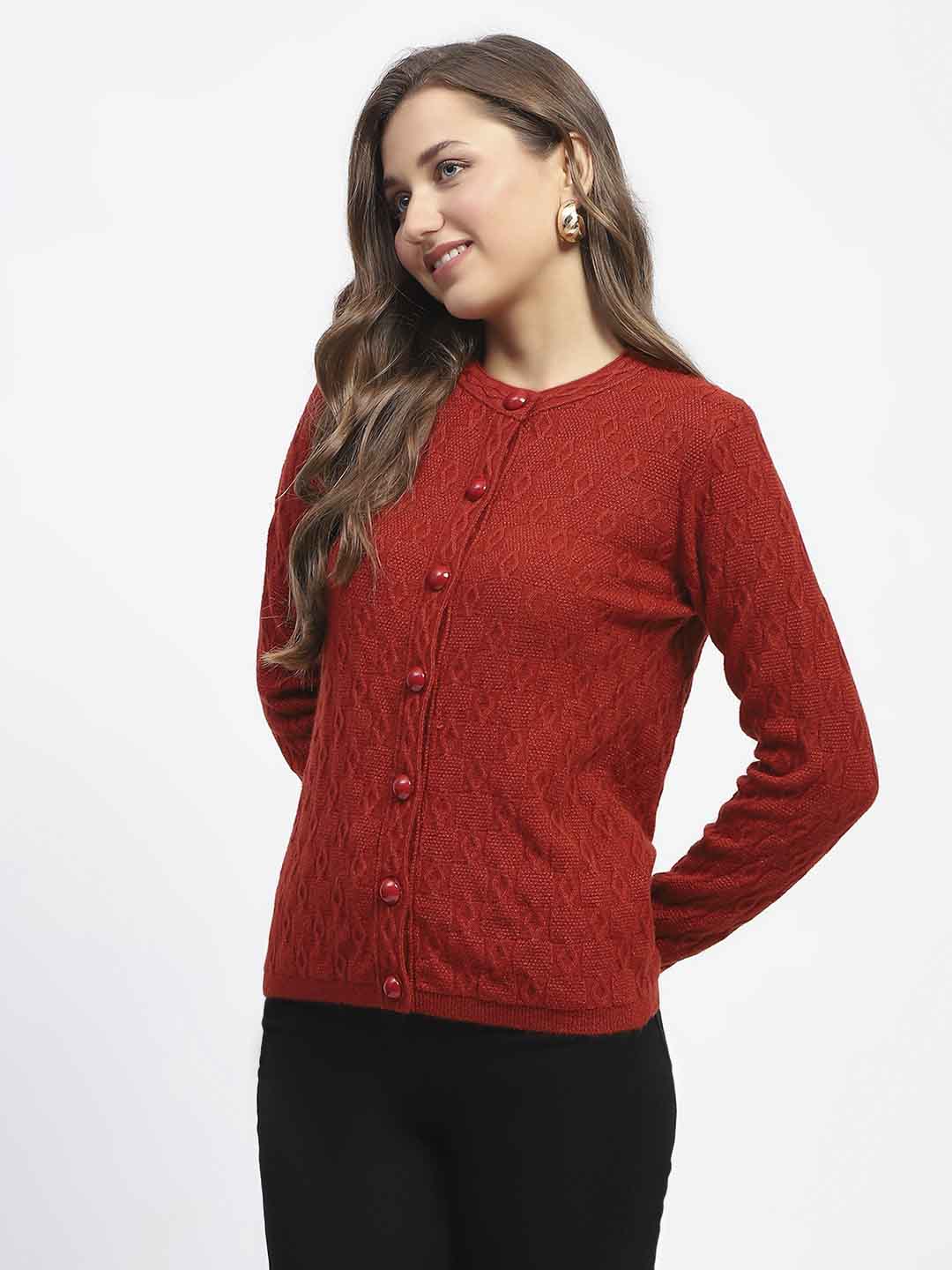 Madame Geometric Pattern Rust Crew Neck Cardigan - Image 4