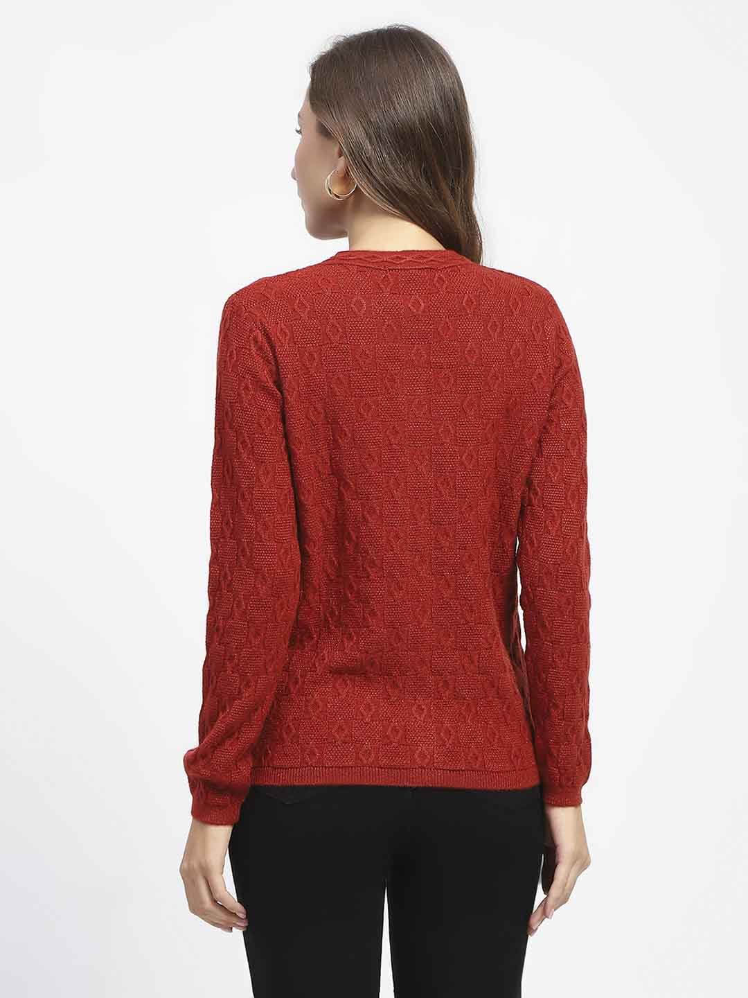 Madame Geometric Pattern Rust Crew Neck Cardigan - Image 5