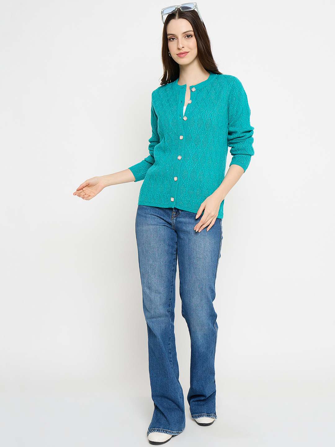 Madame Cable Knit Peacock Blue Cardigan - Image 2