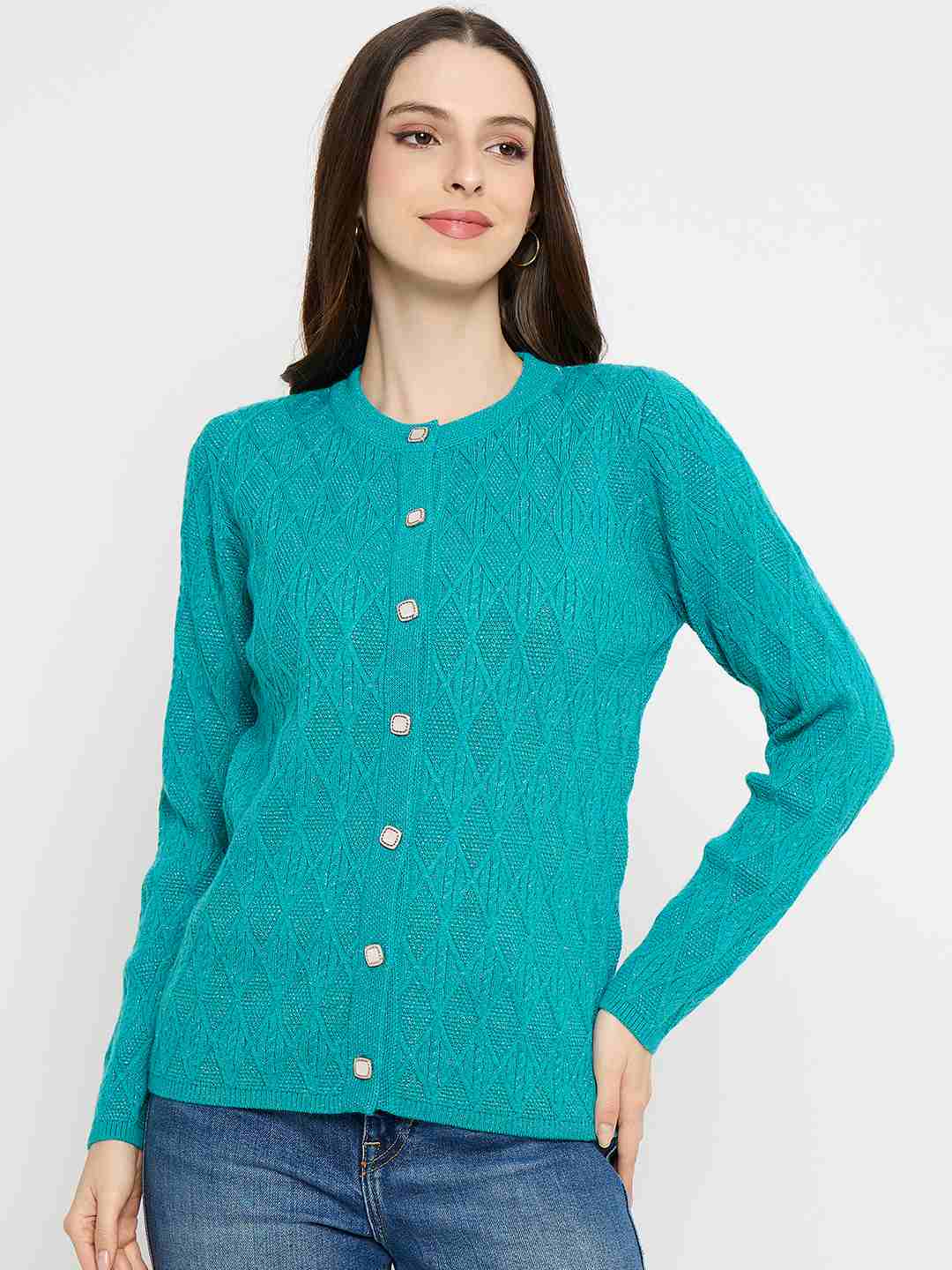 Madame Cable Knit Peacock Blue Cardigan - Image 3