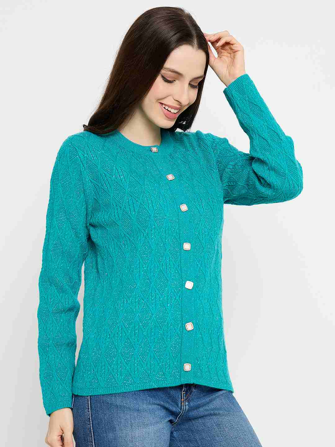 Madame Cable Knit Peacock Blue Cardigan - Image 4