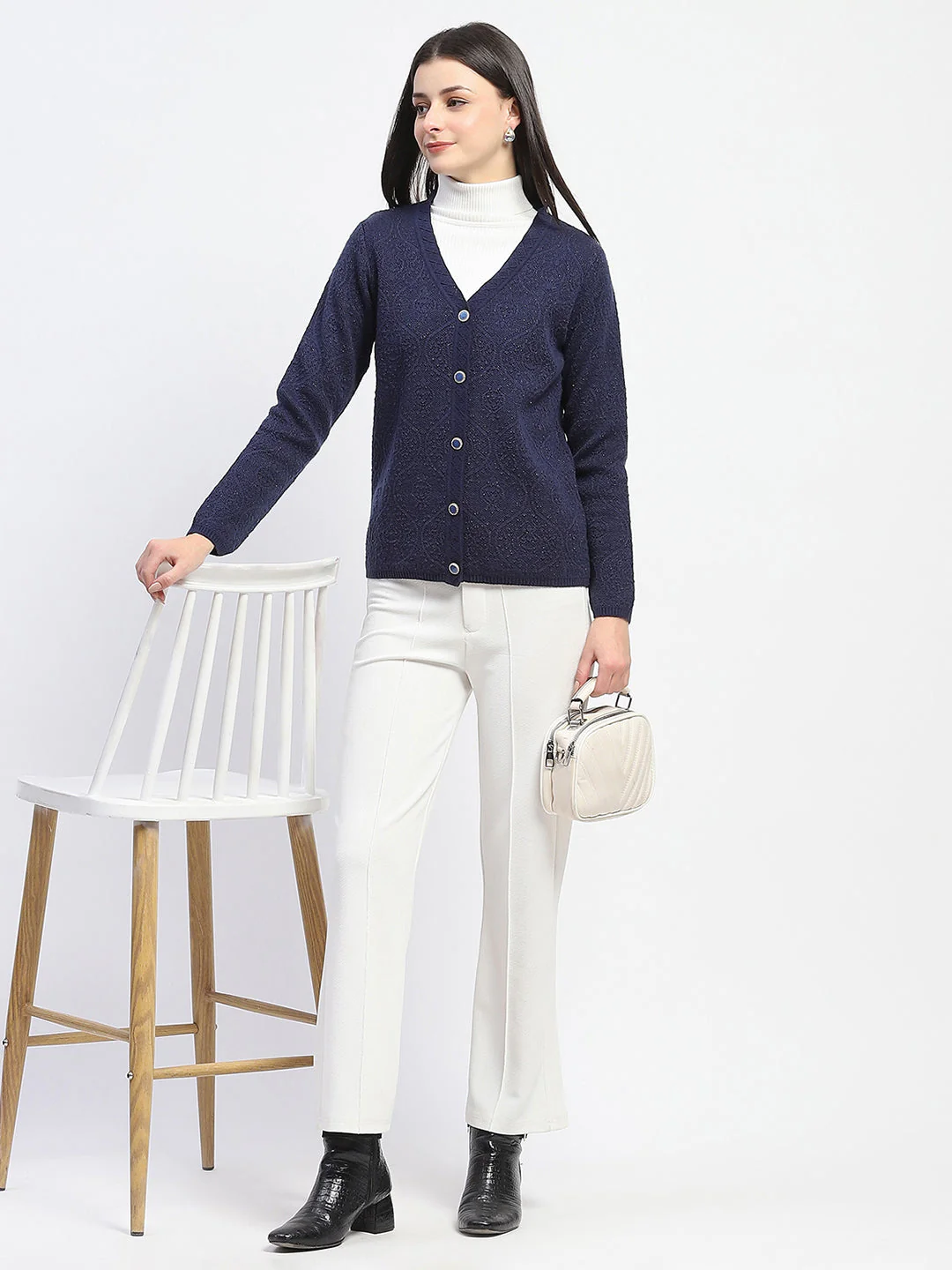Madame V Neck Buttoned Navy Blue Cardigan - Image 2