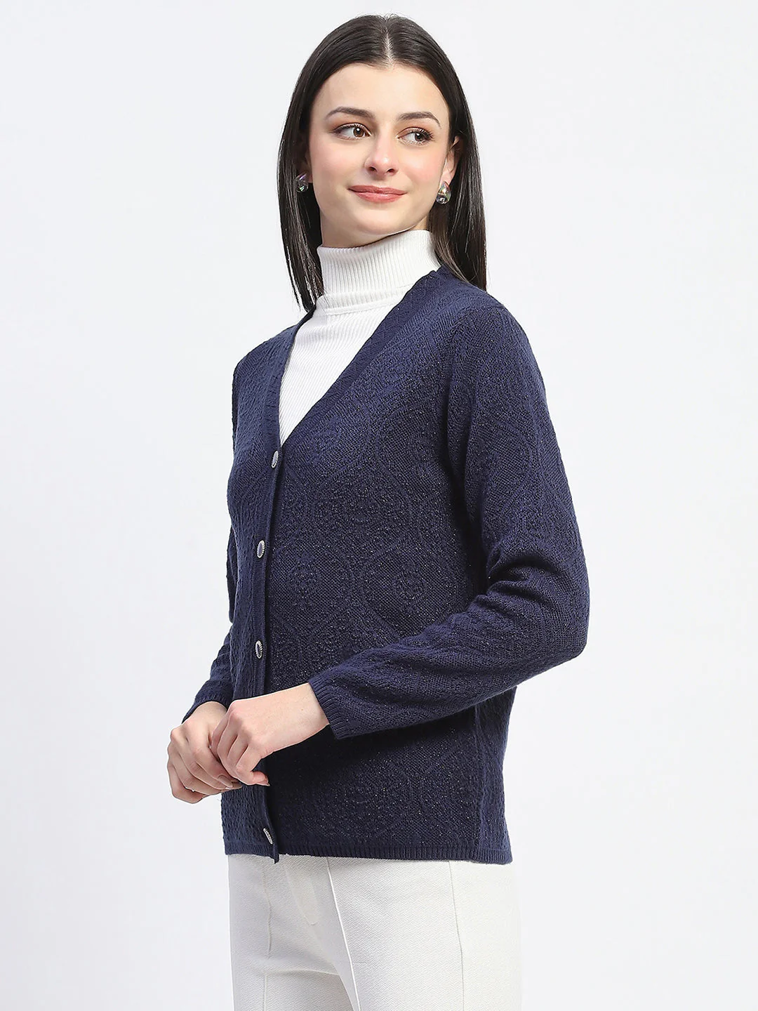 Madame V Neck Buttoned Navy Blue Cardigan - Image 5