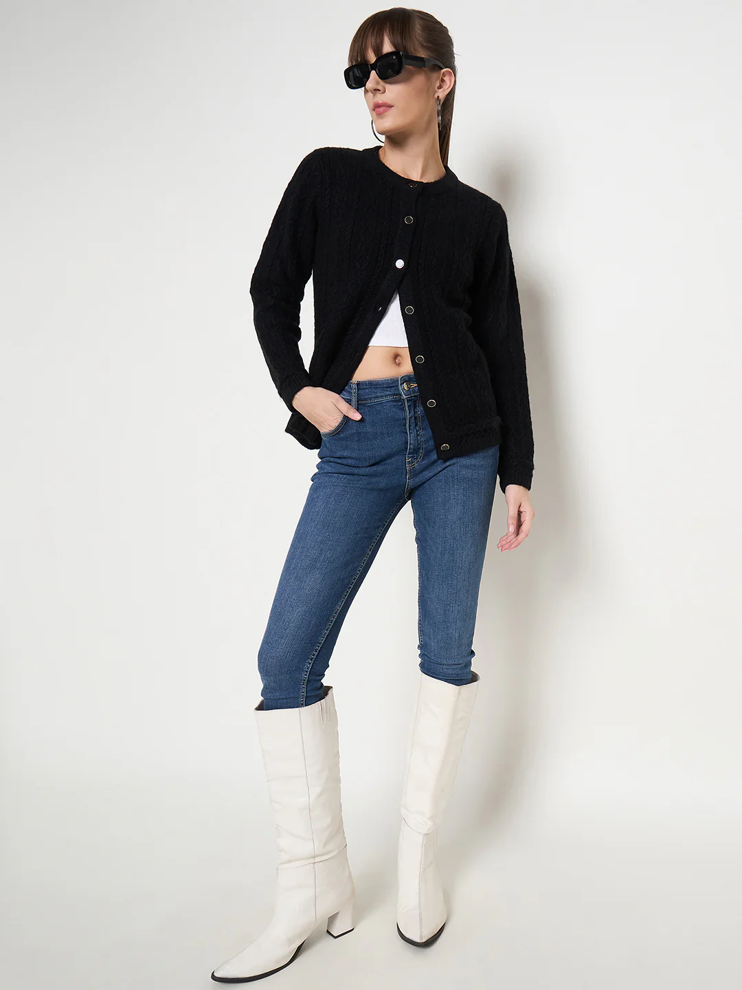Madame Self Design Crew Neck Black Cardigan - Image 2