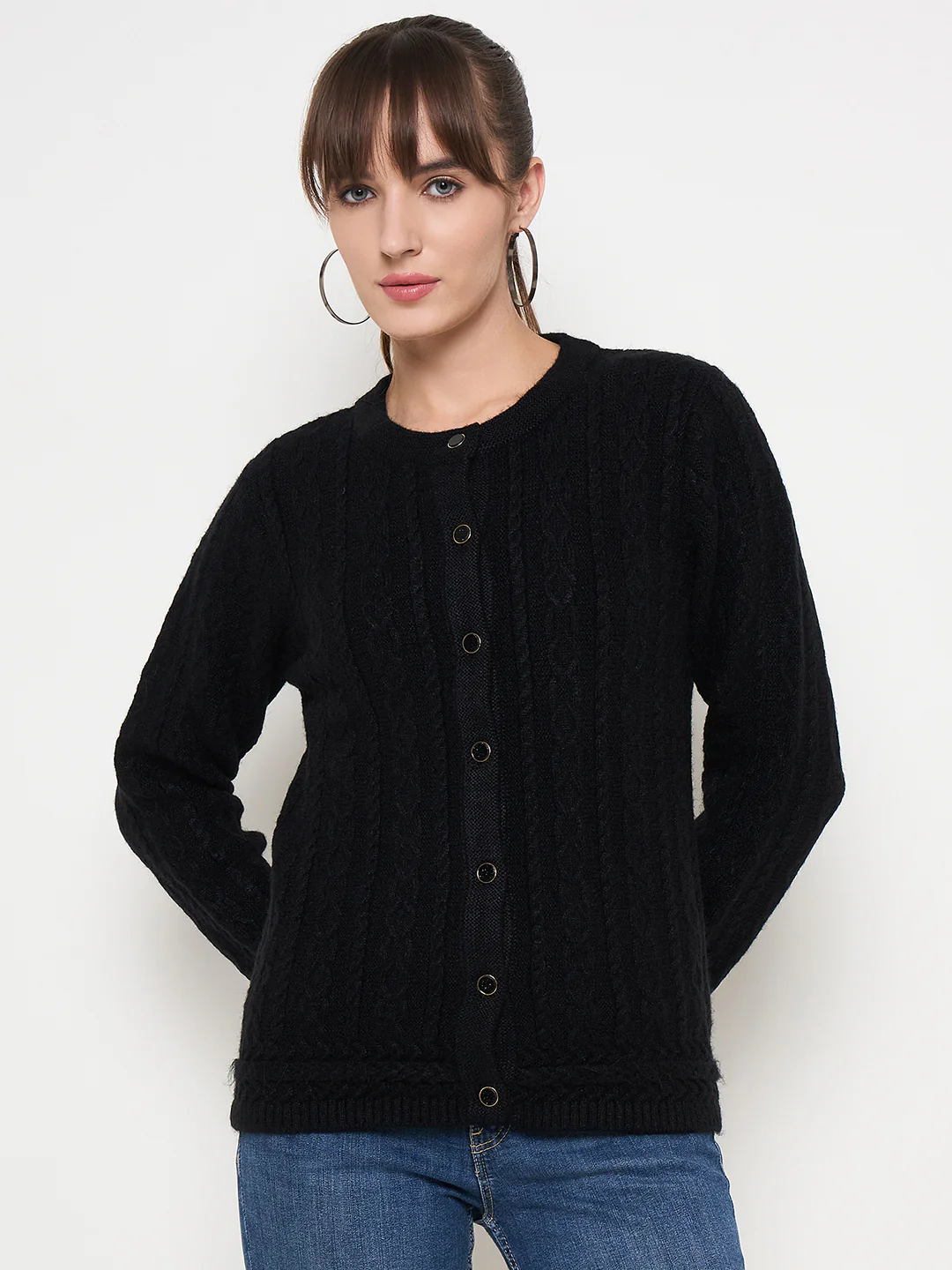 Madame Self Design Crew Neck Black Cardigan - Image 3
