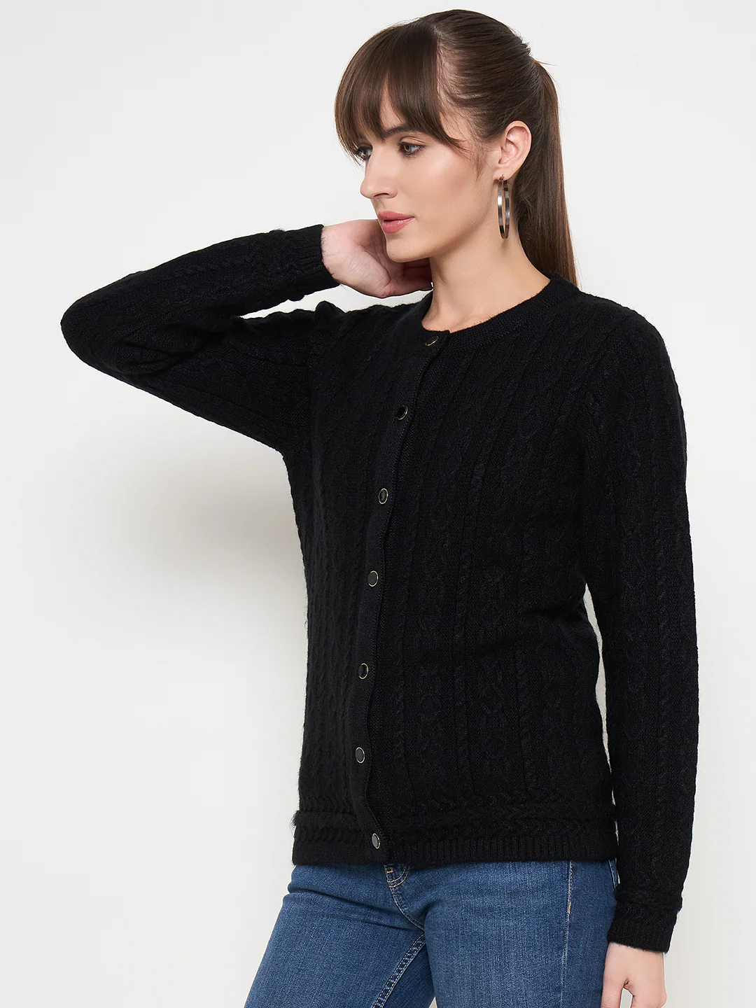 Madame Self Design Crew Neck Black Cardigan - Image 5