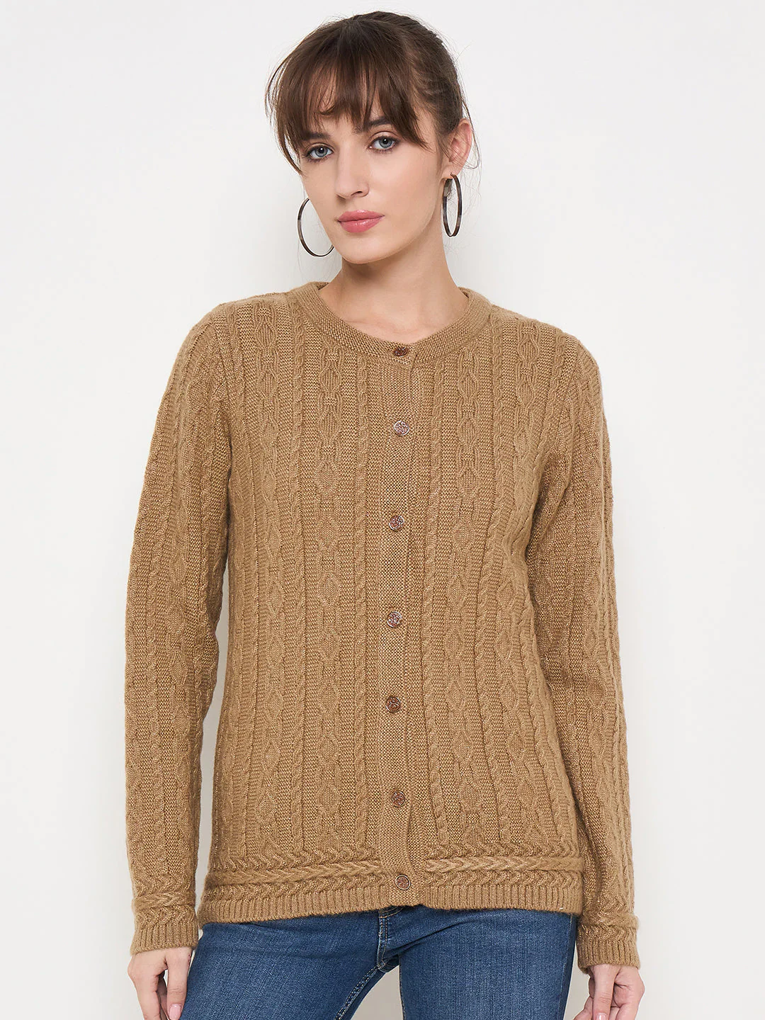 Madame Solid Camel Cable Knit Cardigan - Image 3