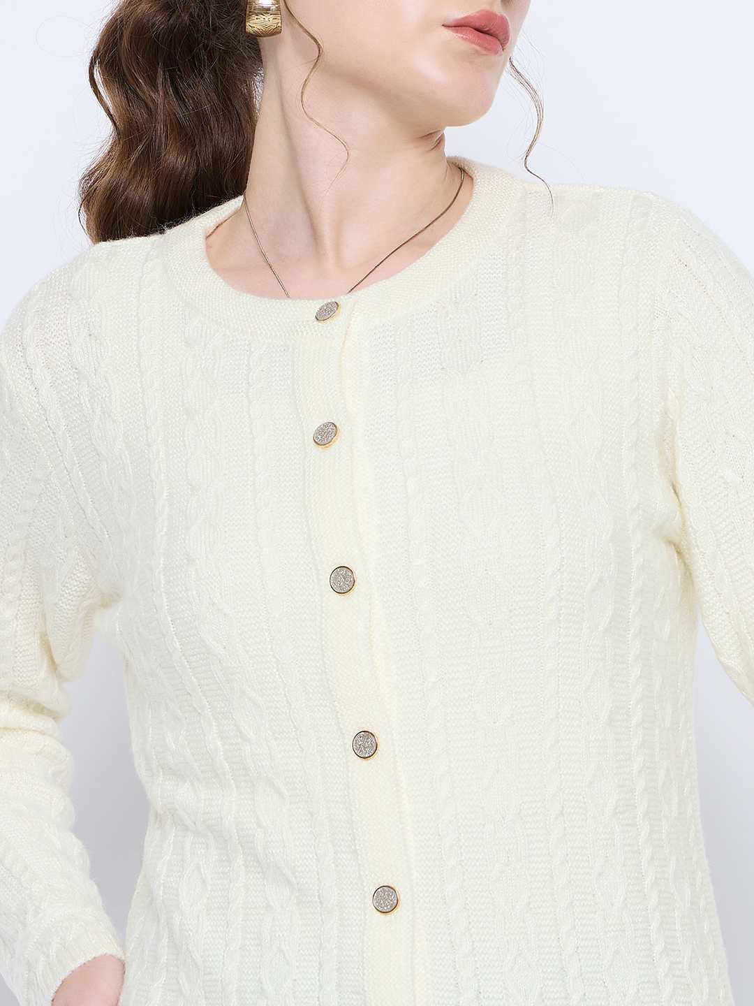 Madame Self Design Crew Neck Off White Cardigan - Image 7